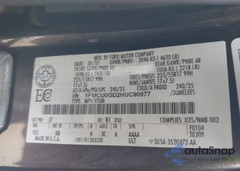 2017 Ford Escape Se z USA, uszkodzony, nr VIN 1FMCU0GD2HUC90977